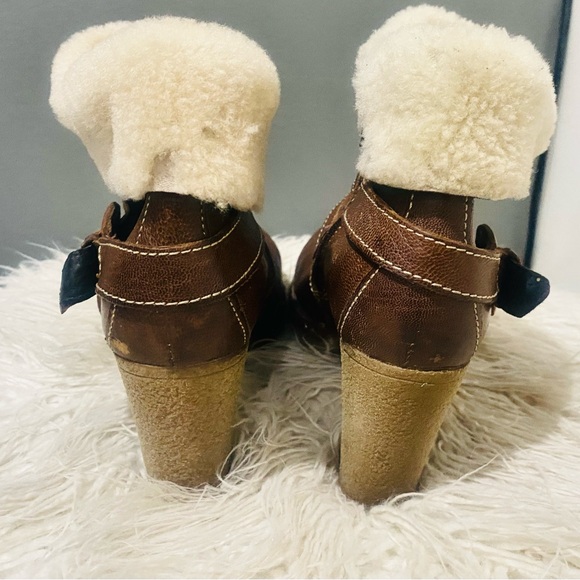 Women’s Manas Brown Leather Fleece Lined Fur Cuff Ankle Boots Studs Block Heel - Picture 9 of 11